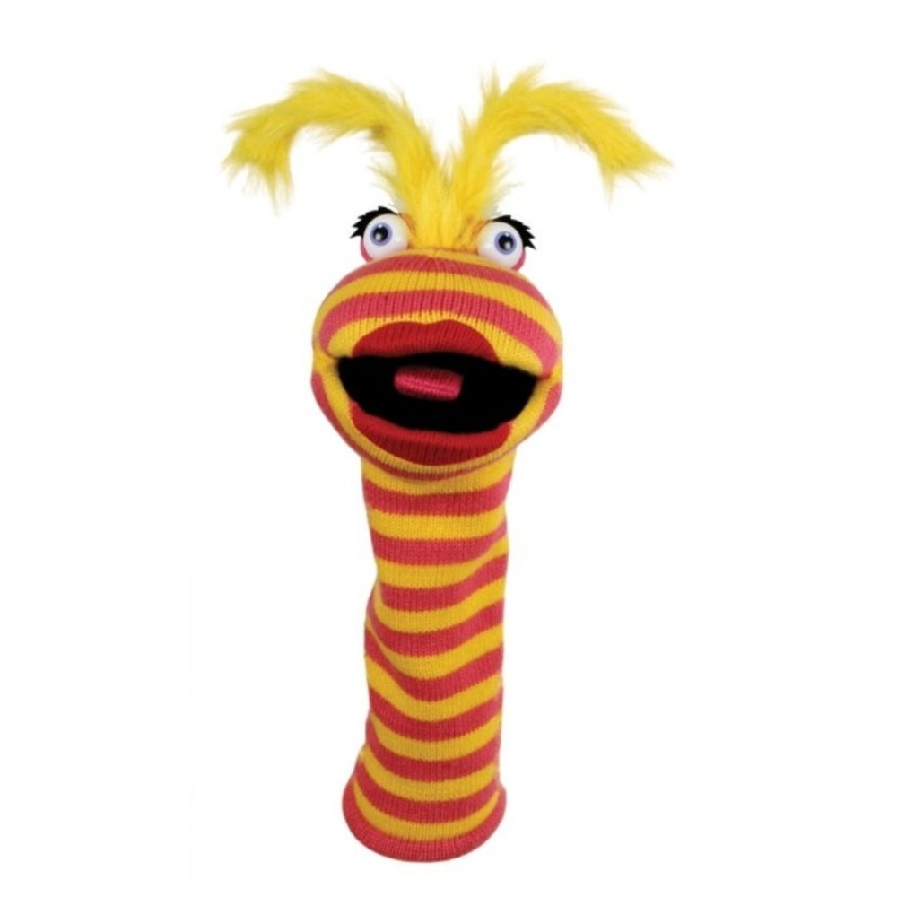 The Puppet Company Lipstick Knitted Sock Puppet Pink Yellow Striped Toy Squeaker